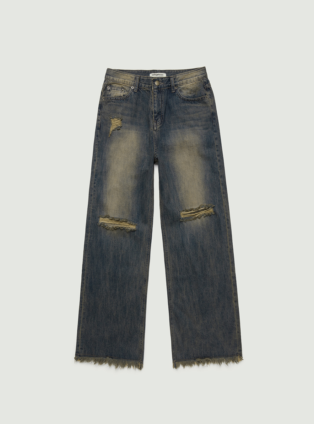 Washed ripped wide jeans. Dark blue