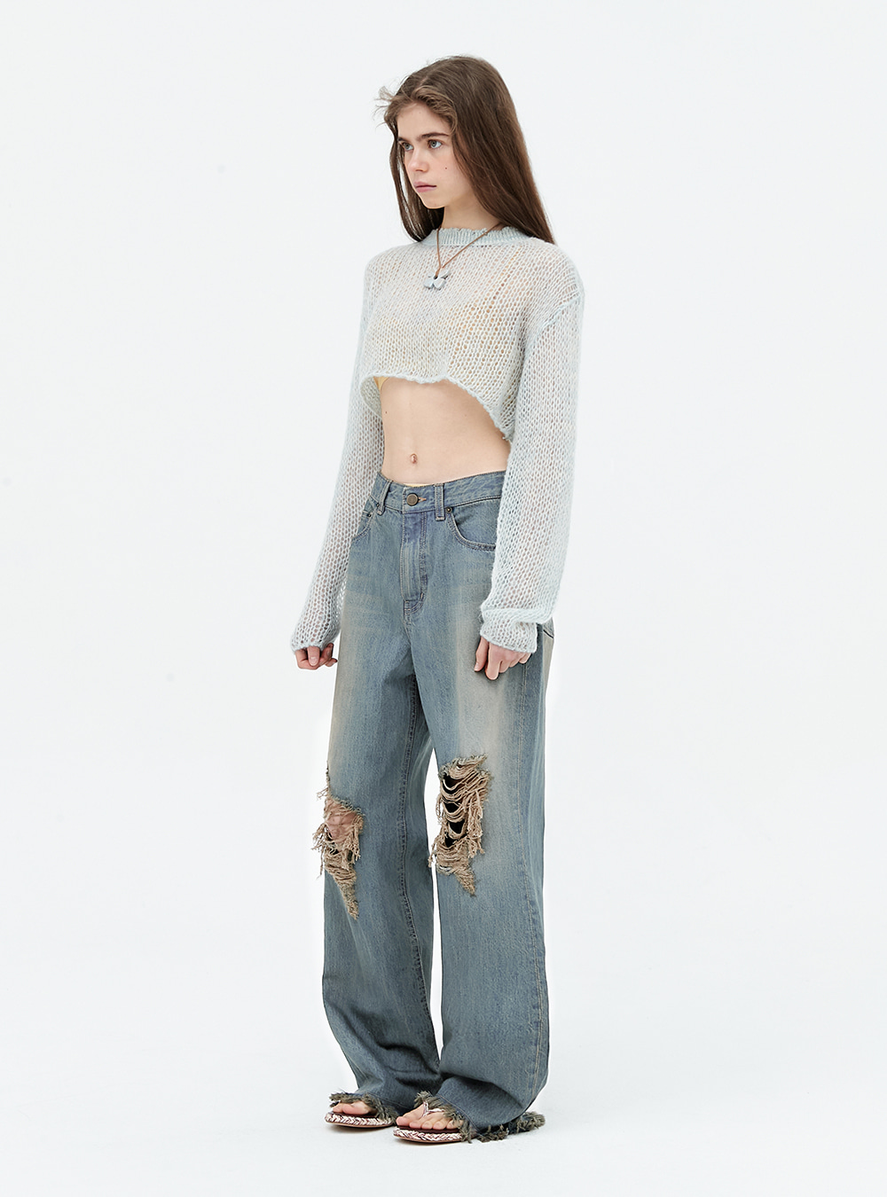 (Restock 5/30 예약배송) Washed ripped wide jeans. Blue